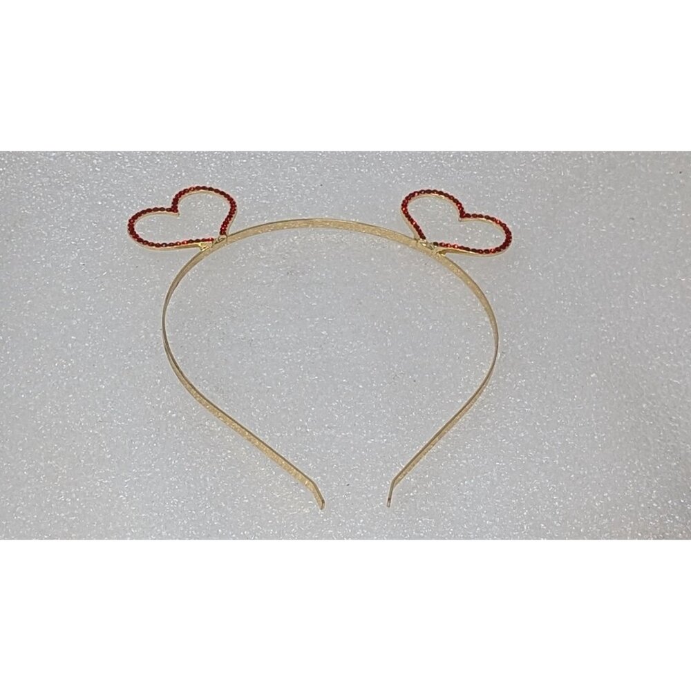 Gold Tone Heart Headband With Red Rhinestones & Double Heart Design